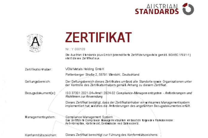 bild-meldung-vdm-k Erfolgreiche Auditierung des Compliance Management Systems bei VDM Metals